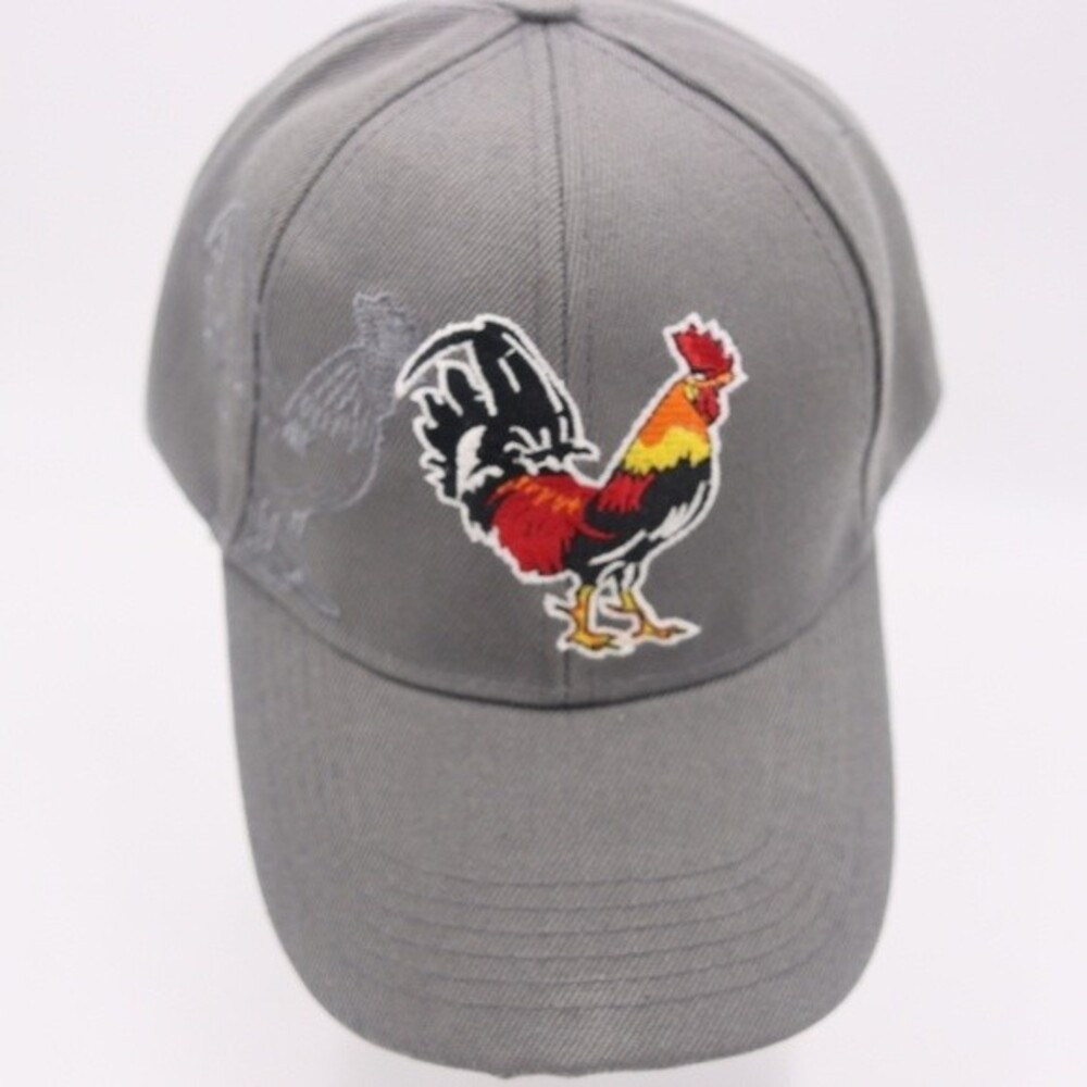 Gray Hat With Embroidered Rooster Chicken Hook & Loop Closure Hat Cap